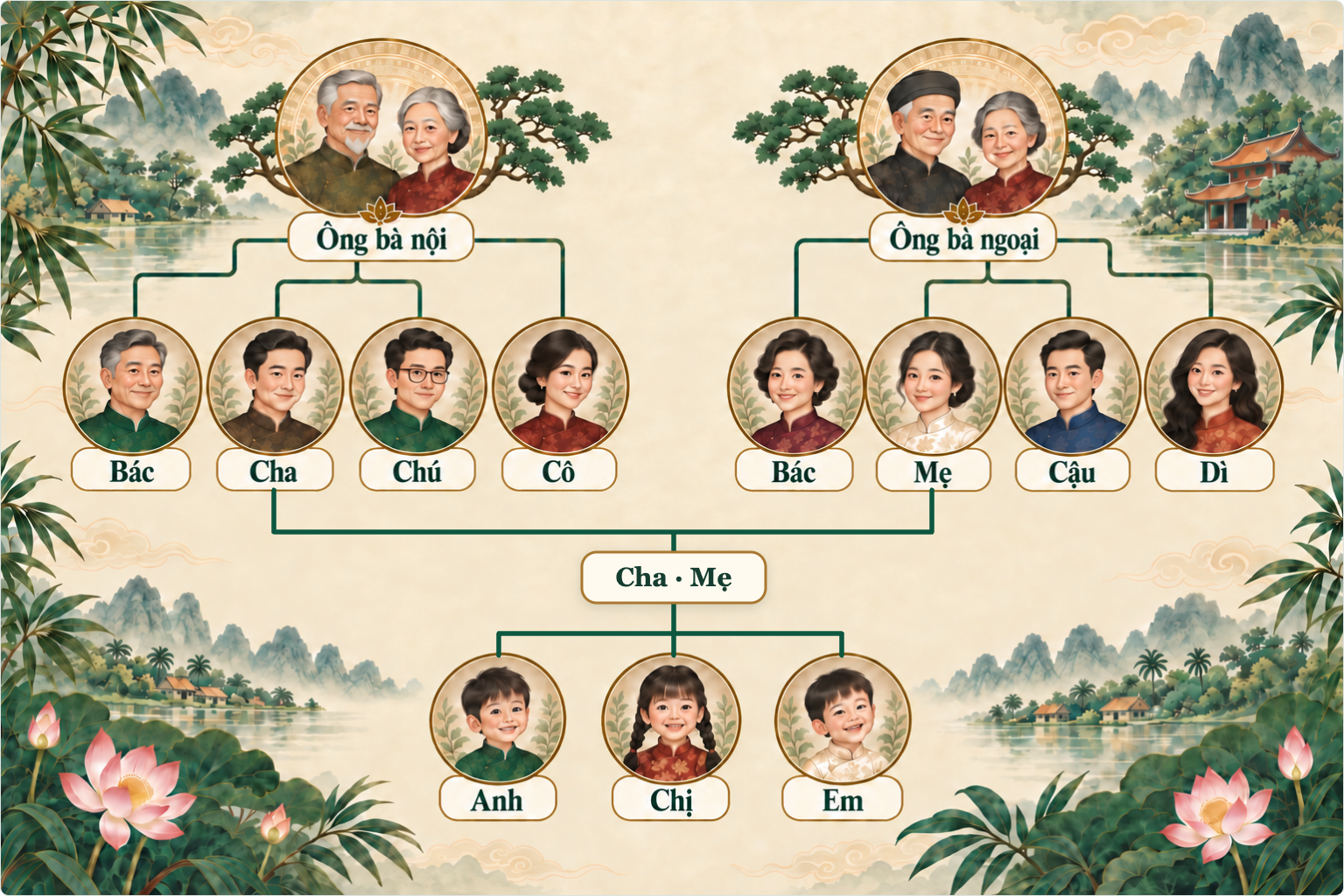 Vietnamese family tree with distinct portraits. Father’s-side grandparents connect to Bác, Cha, Chú, and Cô; mother’s-side grandparents connect to Bác, Mẹ, Cậu, and Dì. The boxed Cha and Mẹ labels connect below their portraits to a shared Cha · Mẹ box, then branch to their children Anh, Chị, and Em.
