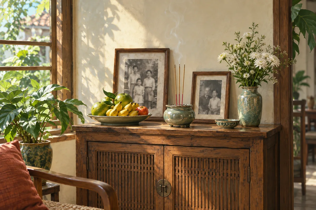 A modest household remembrance cabinet with indistinct family portraits, fruit, flowers and an incense holder