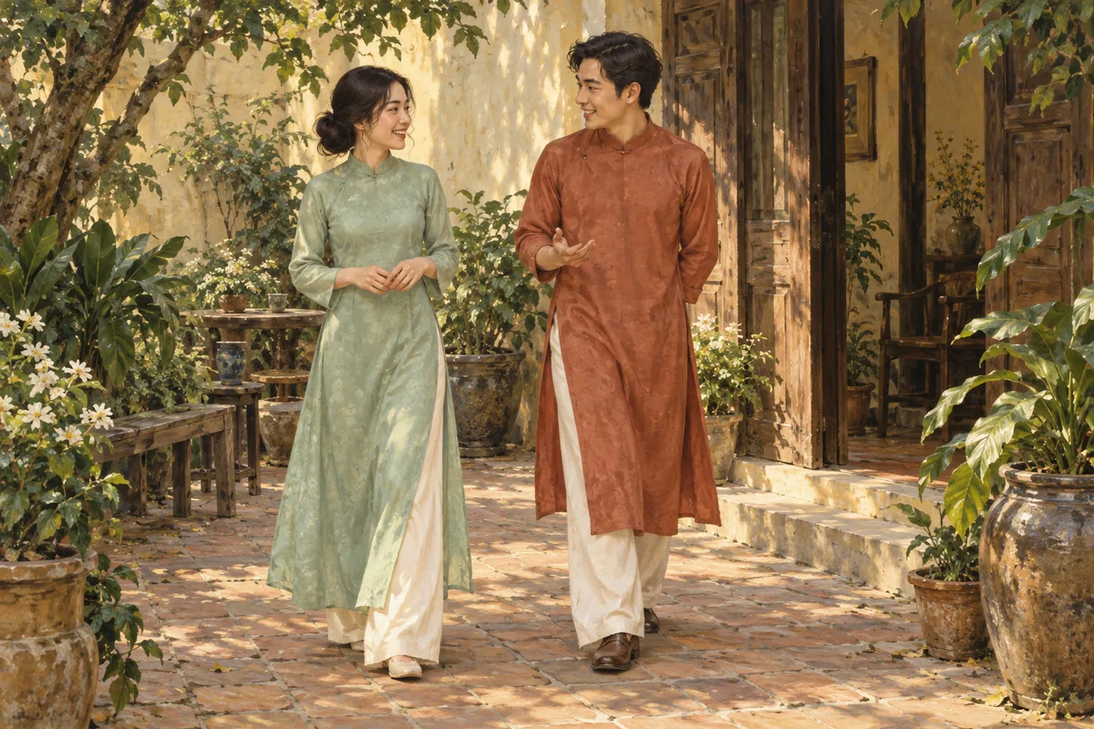 Two adults wearing flowing áo dài tunics over trousers in a leafy courtyard