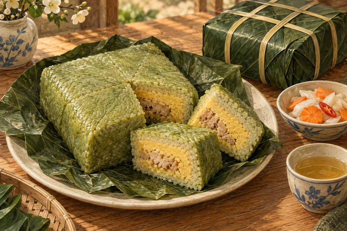 Square leaf-wrapped sticky rice cake, cut to show mung bean and pork layers