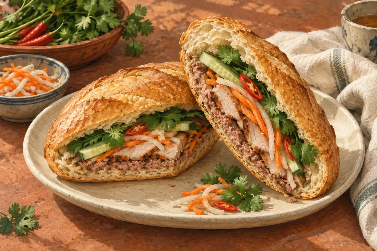 A Vietnamese baguette sandwich with pickled carrot and daikon, cucumber, cilantro, and pâté