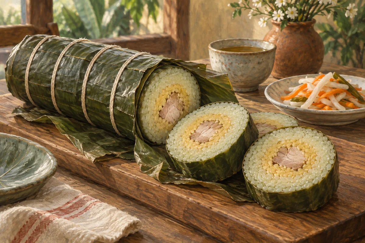A leaf-wrapped cylindrical sticky rice cake and round slices showing mung bean and pork filling