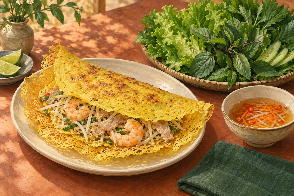 A crisp golden Vietnamese crêpe folded around bean sprouts and filling, with fresh greens