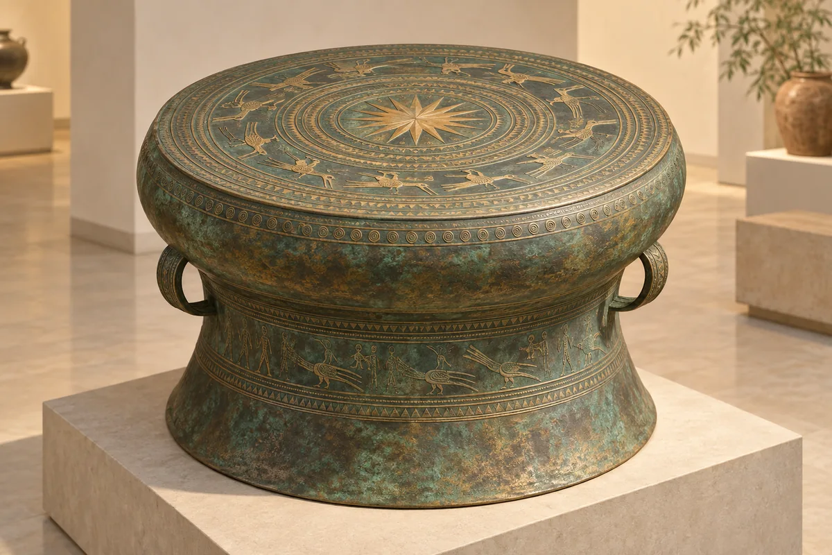 A bronze drum with a broad patterned top, narrowing body, flared base and side handles on a plain museum pedestal
