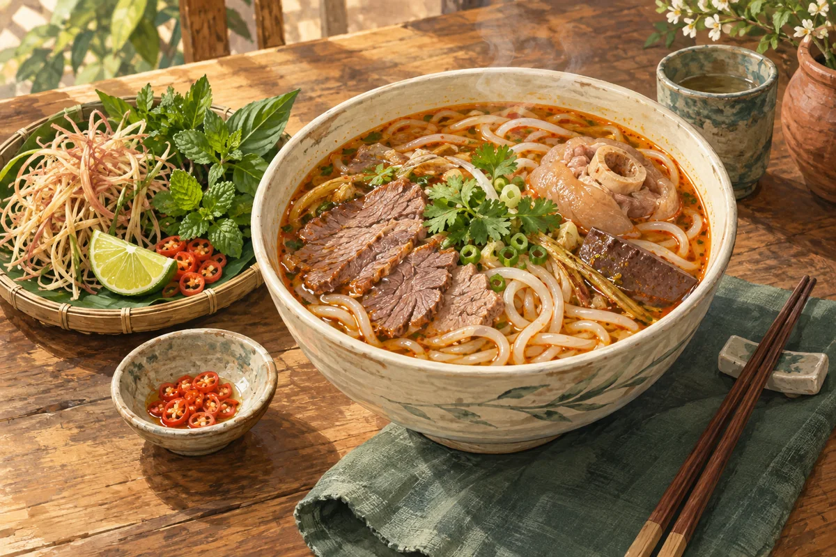 A bowl of Huế-style beef noodle soup with round rice noodles and fresh herbs