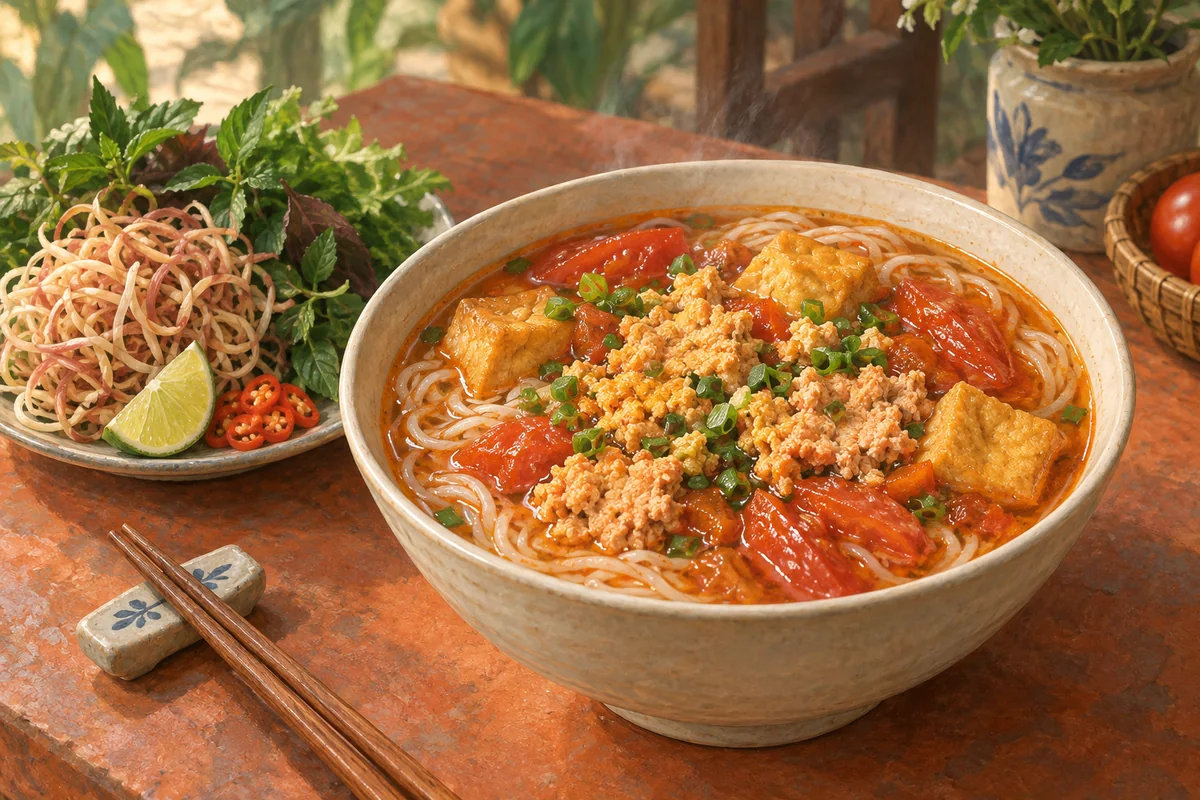 Tomato and crab noodle soup with soft crab curds, fried tofu, tomato wedges and thin rice vermicelli