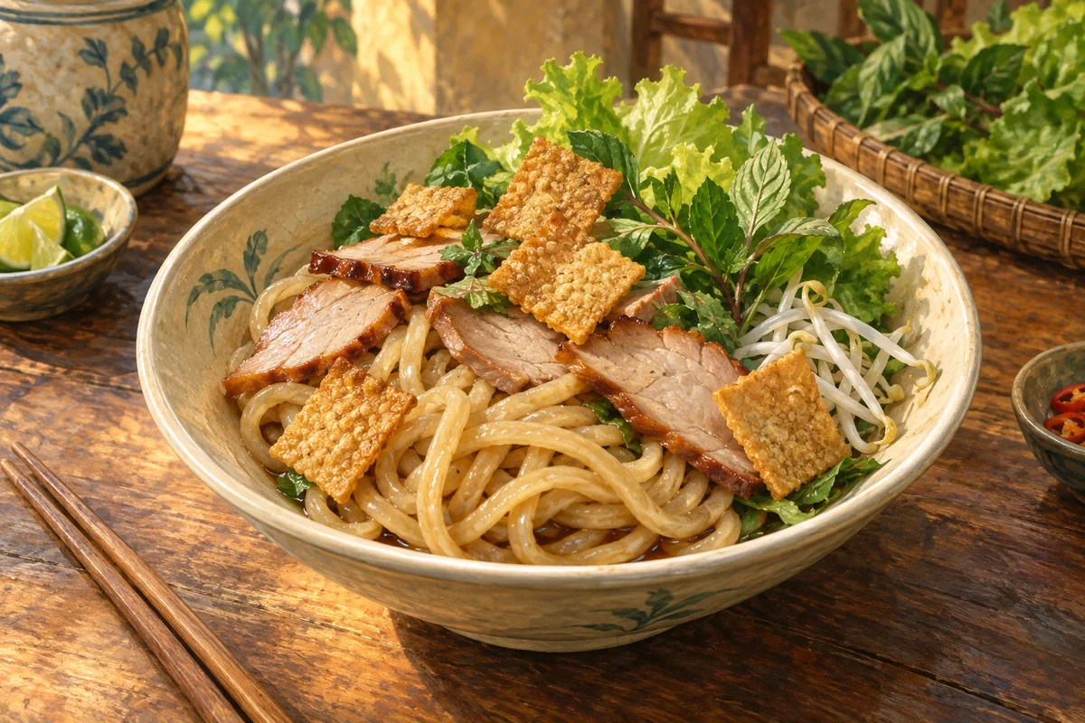 Thick cao lầu noodles topped with sliced pork, crisp square croutons, herbs and greens above a little sauce