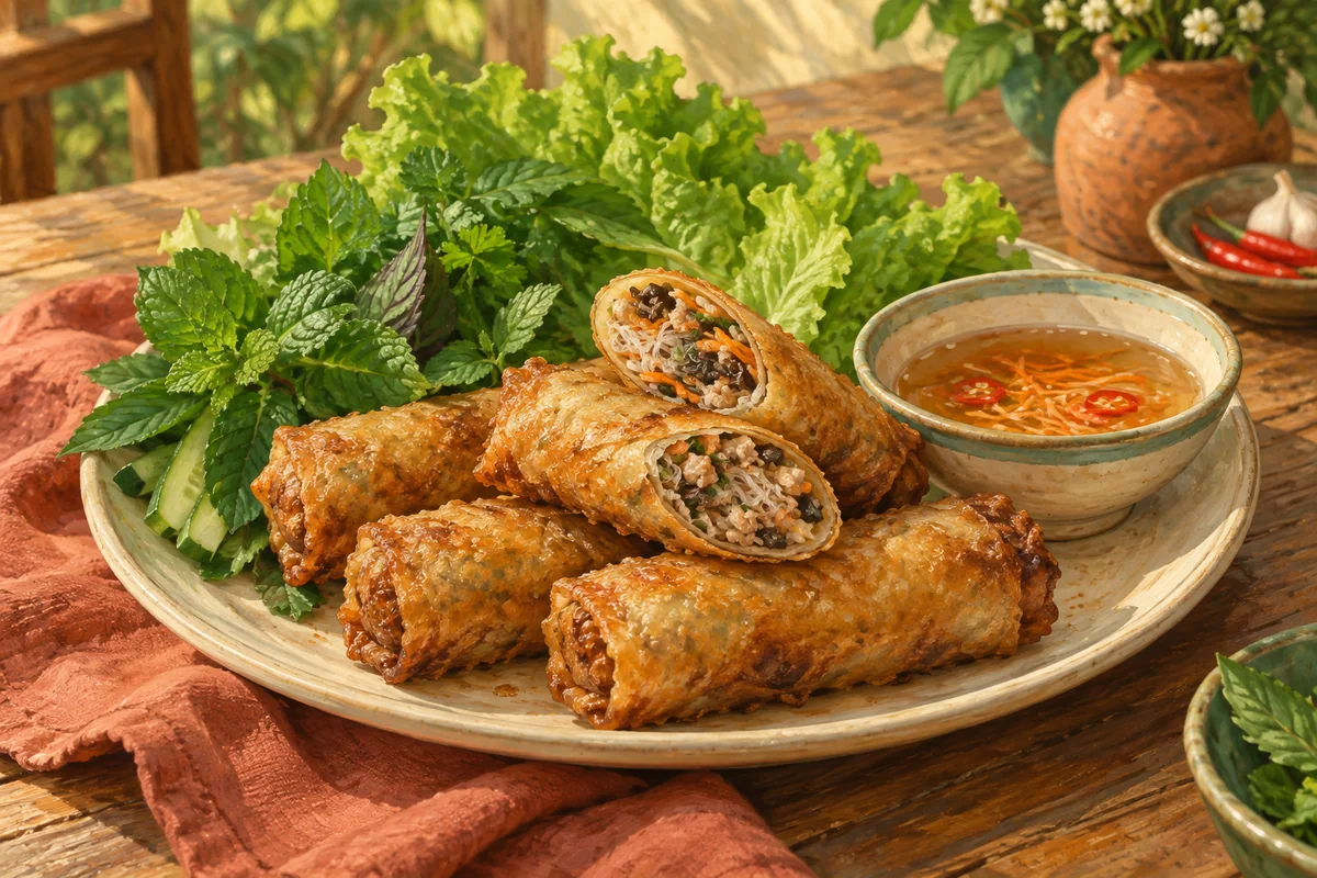 Golden fried spring rolls with a cut roll revealing filling, lettuce, herbs and nước chấm