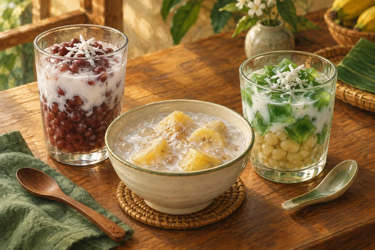 Three chè desserts with red beans, banana and tapioca, green jelly, pale beans and coconut milk