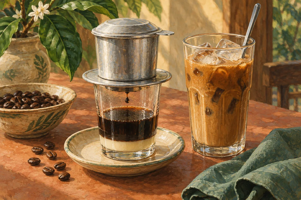 A Vietnamese phin filter and a glass of iced coffee with condensed milk