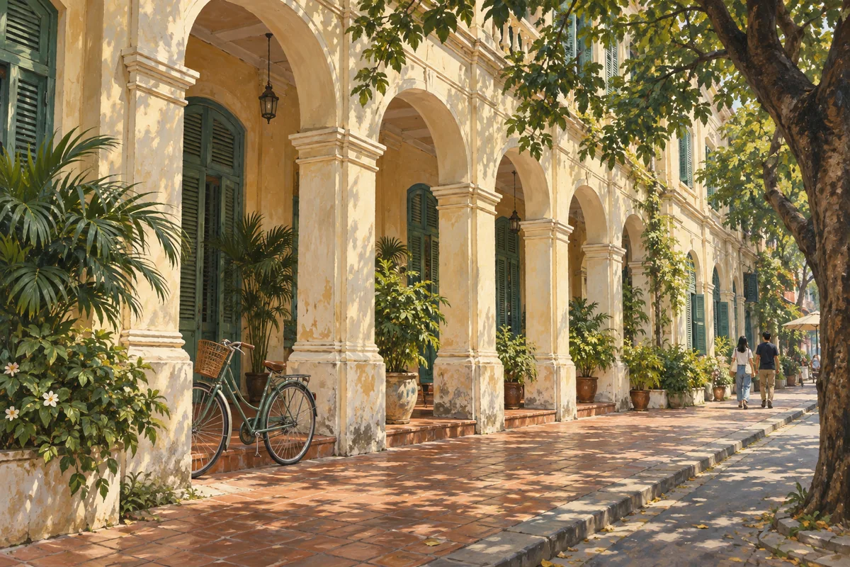 A present-day leafy street beside a warm cream building with shutters, tall windows and an arched arcade