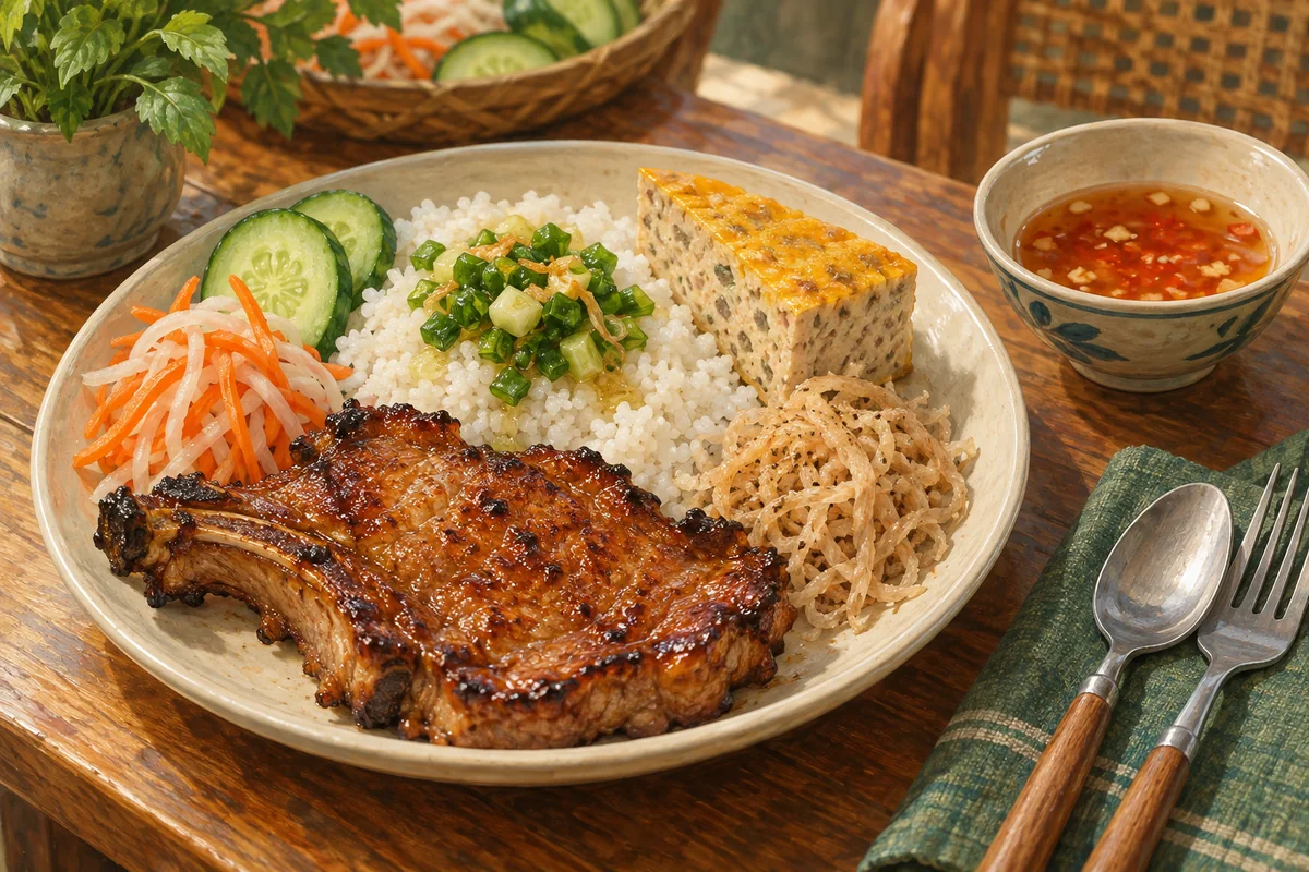 Broken rice with grilled pork chop, egg-and-pork cake, shredded pork skin, scallion oil, pickles and dipping sauce