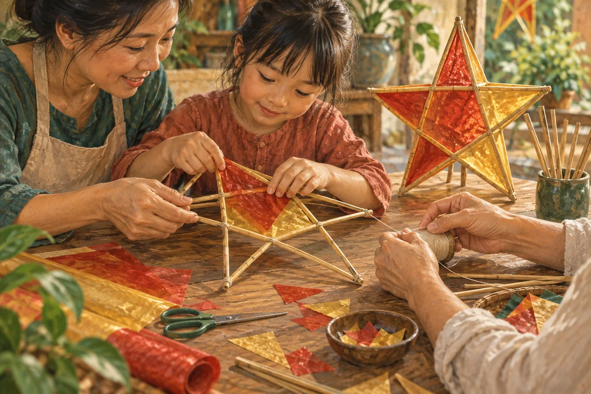 Adults and a child assemble a bamboo-framed star lantern beside a finished translucent red-and-gold star