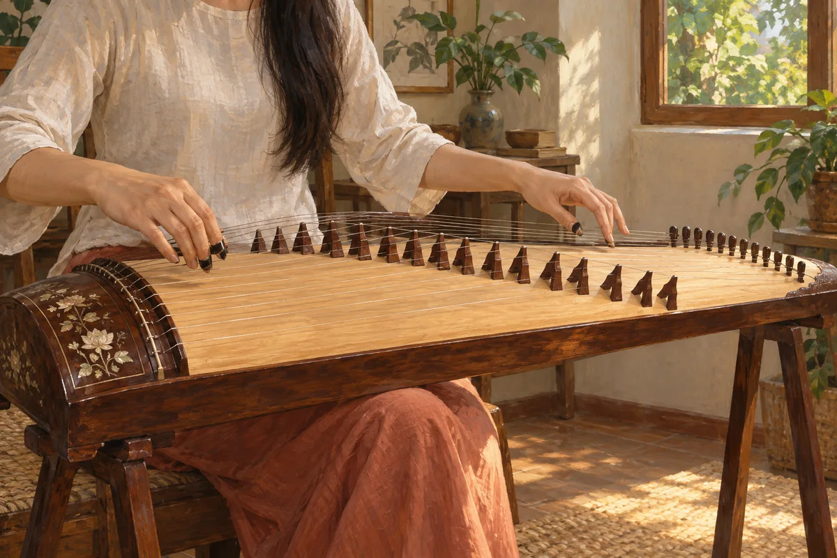 Hands playing a long wooden Vietnamese zither with strings and movable bridges