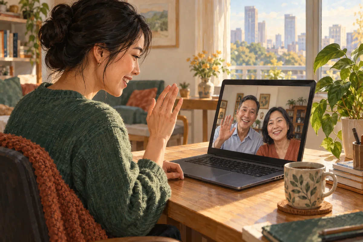 A Vietnamese adult waves to two relatives on a laptop video call beside a sunlit window and houseplants