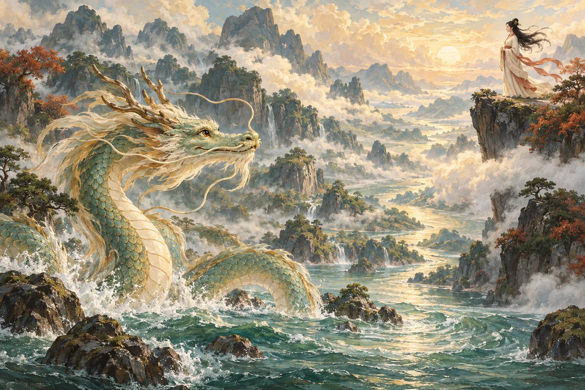 A mythic dragon rises from jade water while a fairy-inspired adult figure stands among luminous mountains and clouds