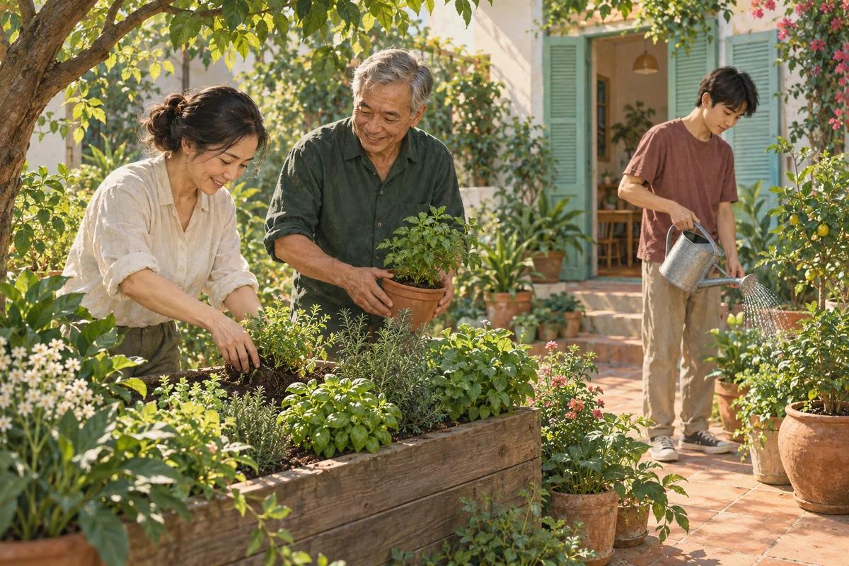 An adult and elder tending a home garden while a teenager waters plants nearby