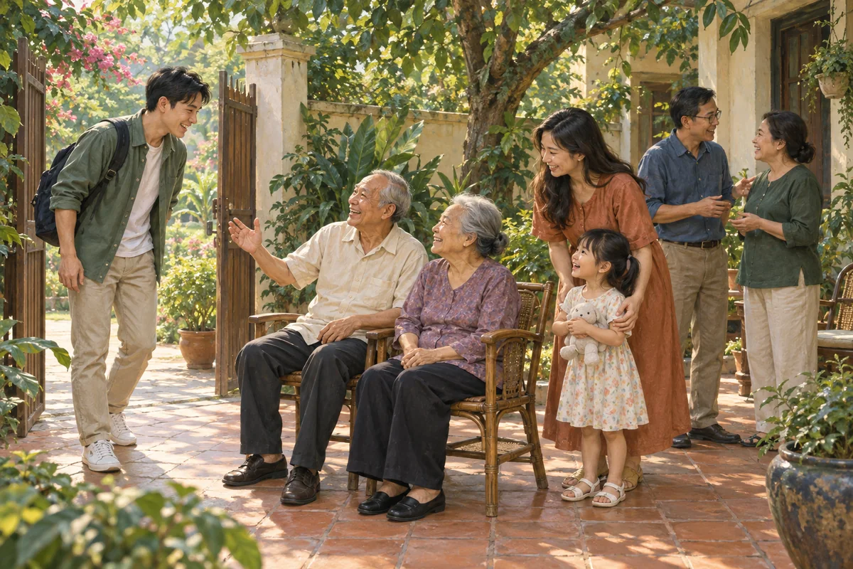 Relatives across generations greeting one another in a shaded courtyard