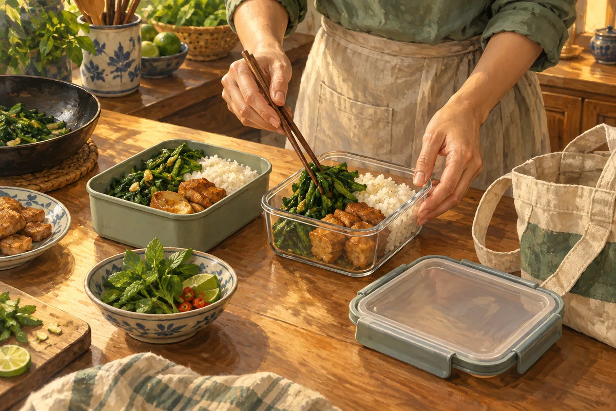 Hands packing rice and greens into reusable containers beside a cloth tote