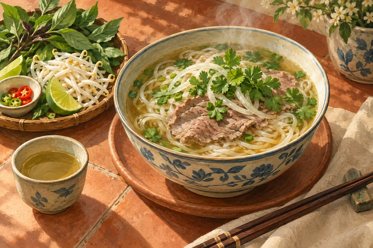 A painted bowl of phở with rice noodles, beef, herbs, and lime