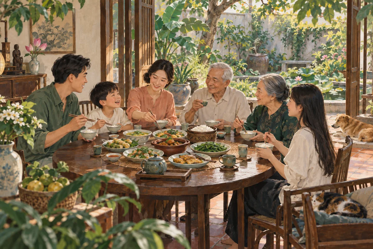 Three generations sharing a Vietnamese meal in a garden-facing home