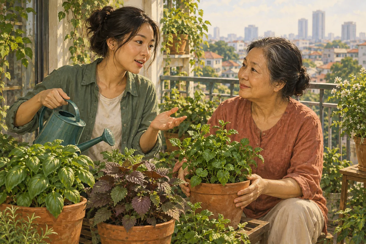 An elder and a young adult talk while tending pots of herbs on an urban balcony
