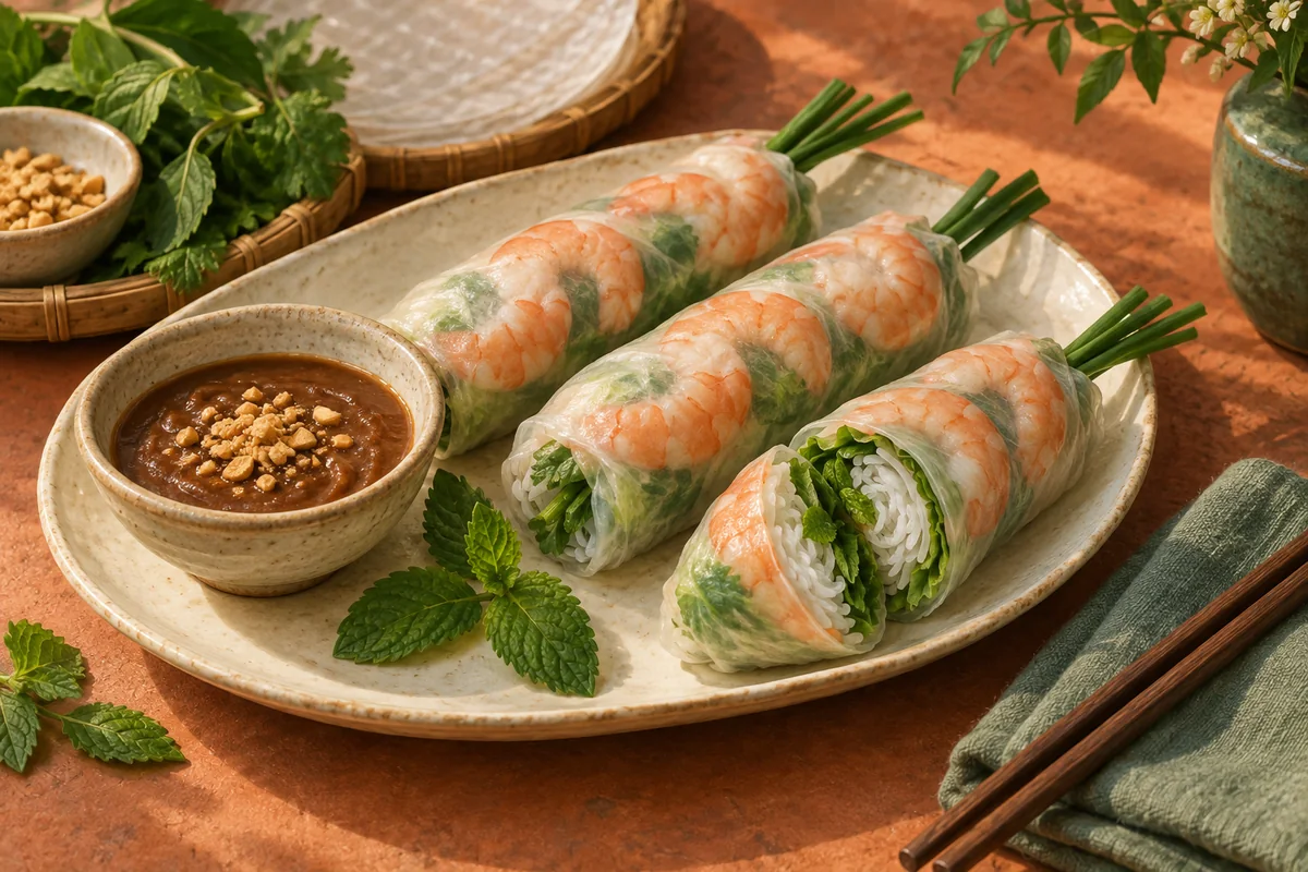 Fresh translucent rice-paper rolls showing shrimp, noodles, and herbs beside dipping sauce