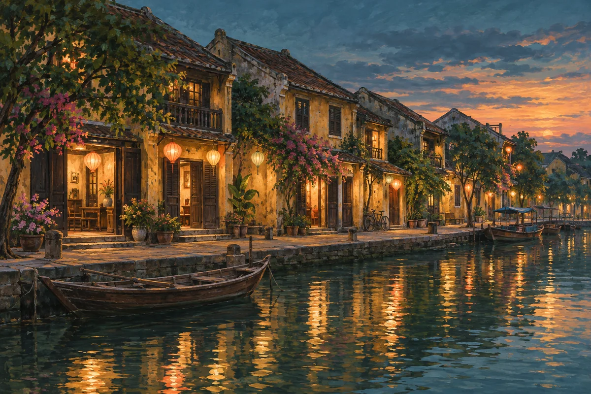 Ochre Hội An-inspired merchant houses and lanterns along a riverside at dusk