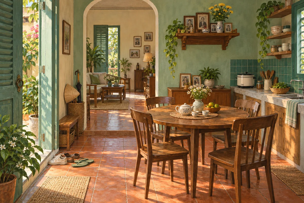A Vietnamese-inspired home with tea, family photographs, slippers, and a rice cooker