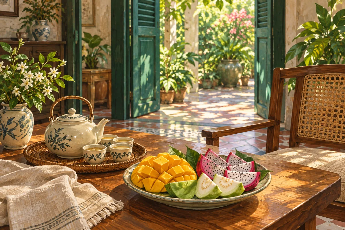 A fruit plate, ceramic teapot and cups arranged beside an open garden doorway