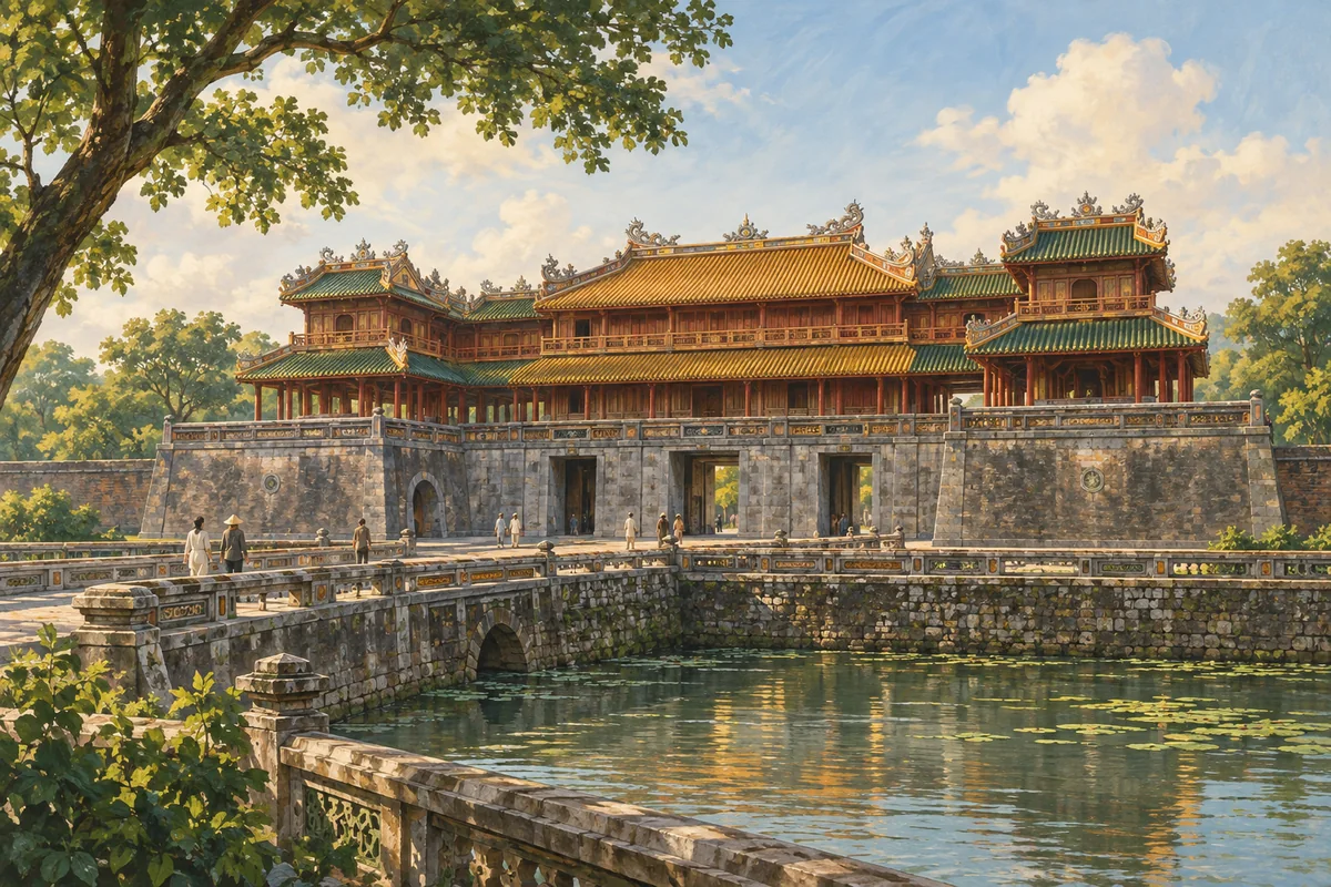 An illustrated view inspired by the Ngọ Môn gate of the imperial citadel in Huế