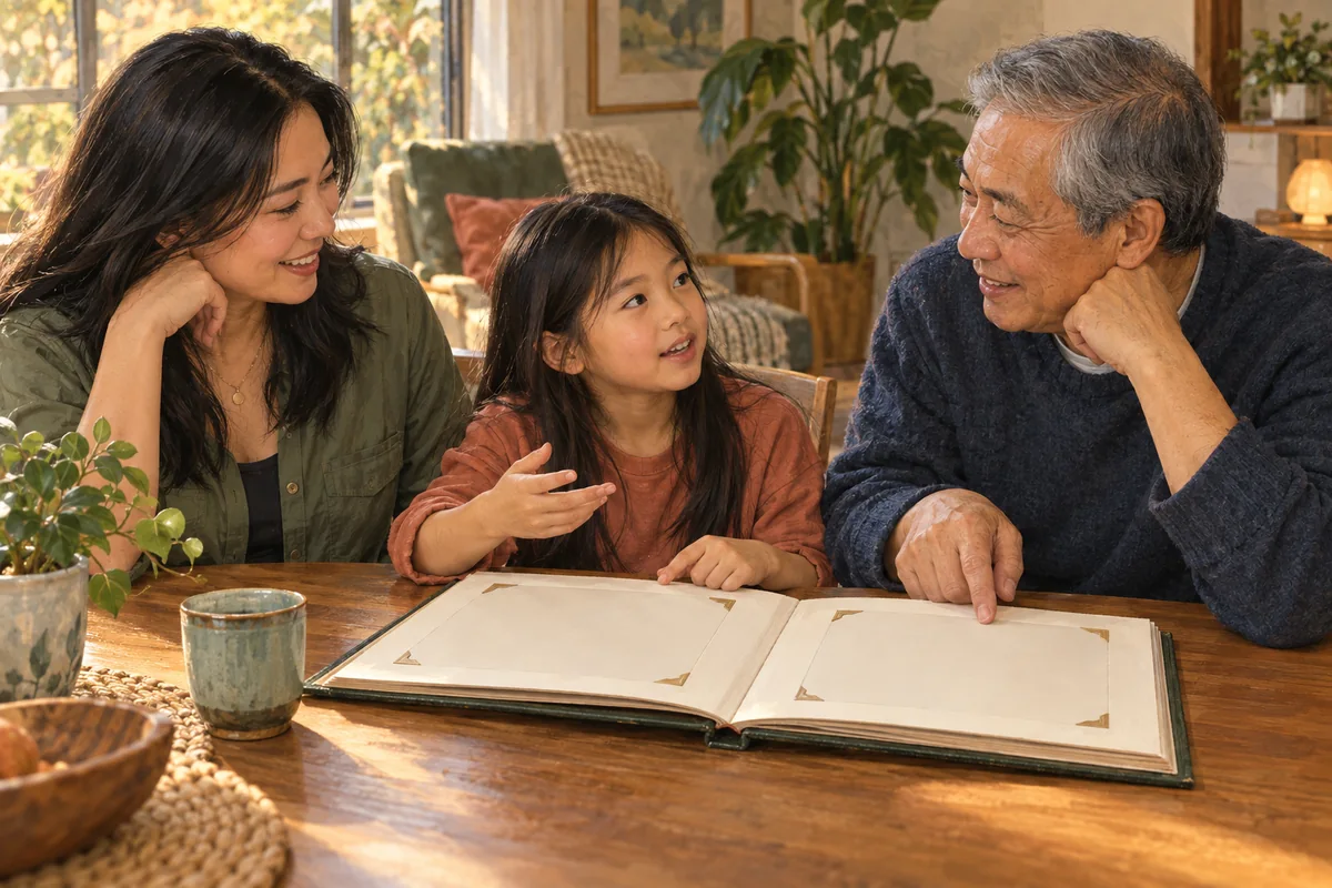An elder, an adult, and a child talking together around an open photo album