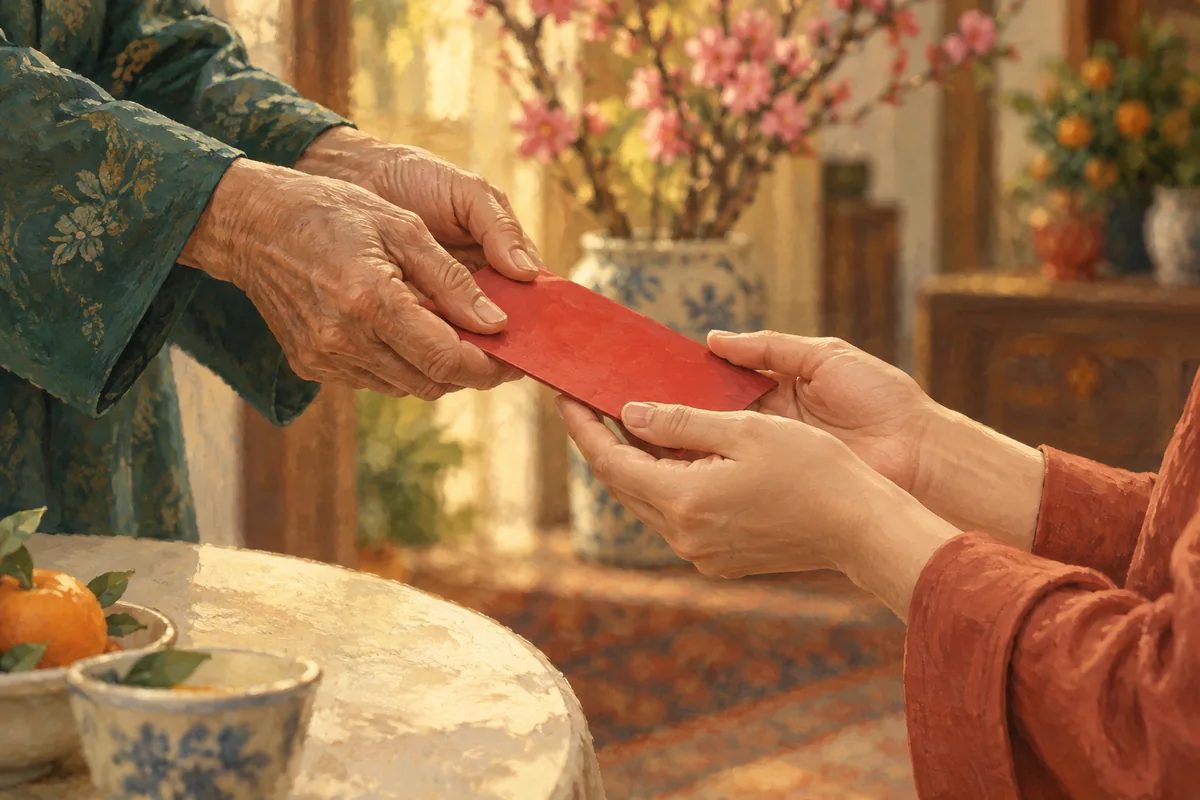 An elder offers a plain red envelope to a younger person receiving it with both hands