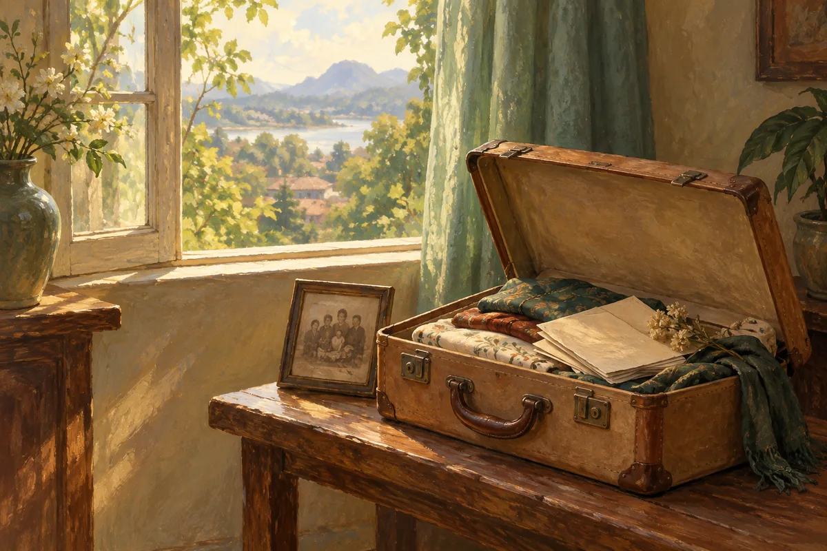 A worn suitcase beside a sunlit window holds folded fabric and plain paper keepsakes near a small indistinct family photo