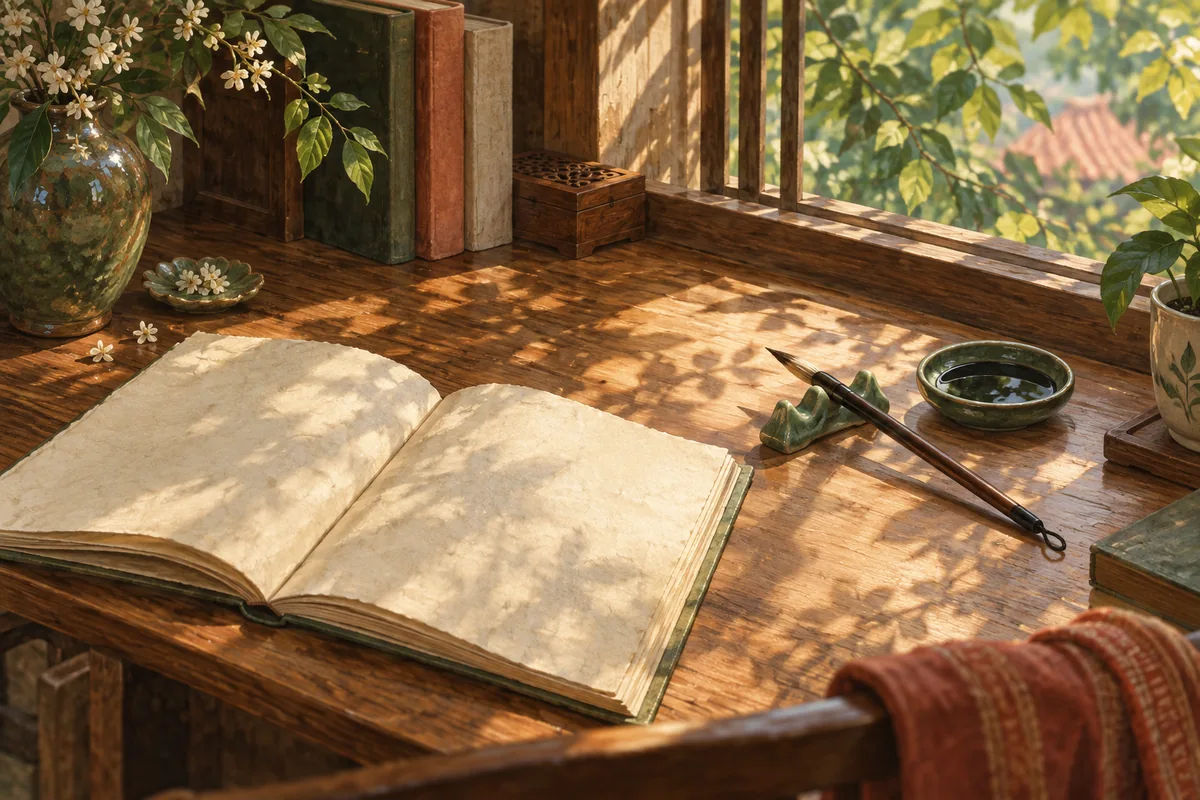 An open book, ink brush and ceramic brush rest on a sunlit desk beside shelves and window foliage