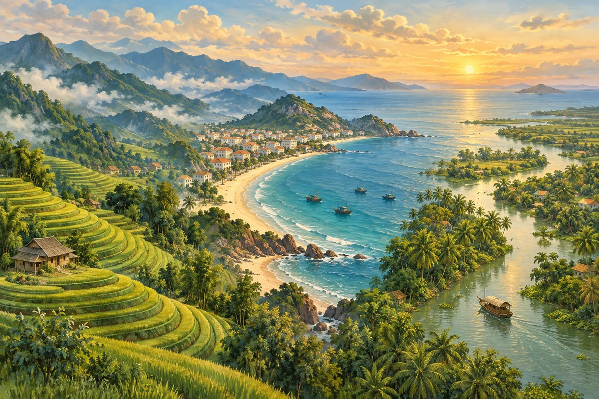 An imagined painted composite of northern rice terraces, a central coastal bay, and southern delta waterways