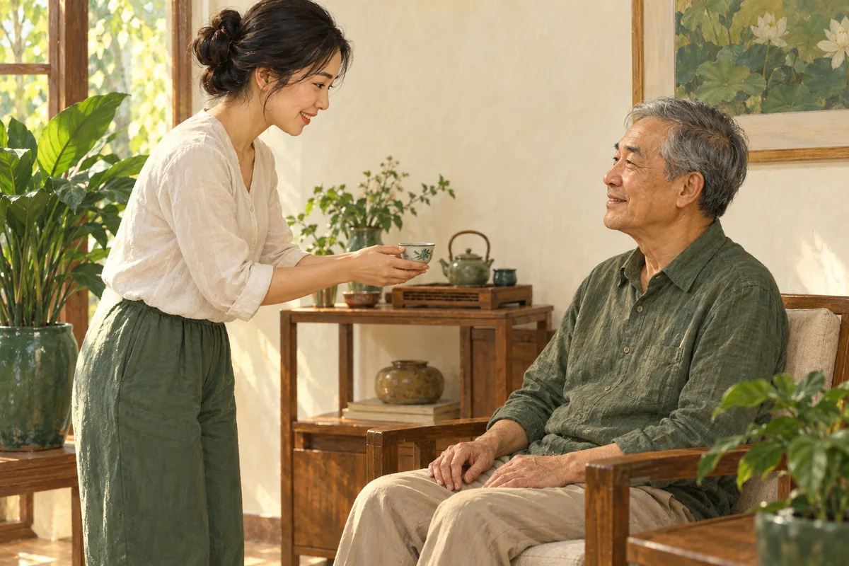 A young adult offering a small ceramic teacup with both hands to a seated elder