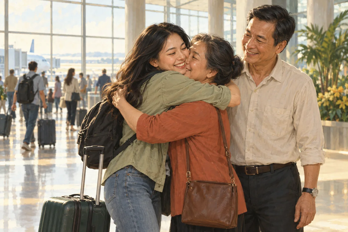 Adult relatives embrace at a bright airport arrivals hall beside a small wheeled suitcase