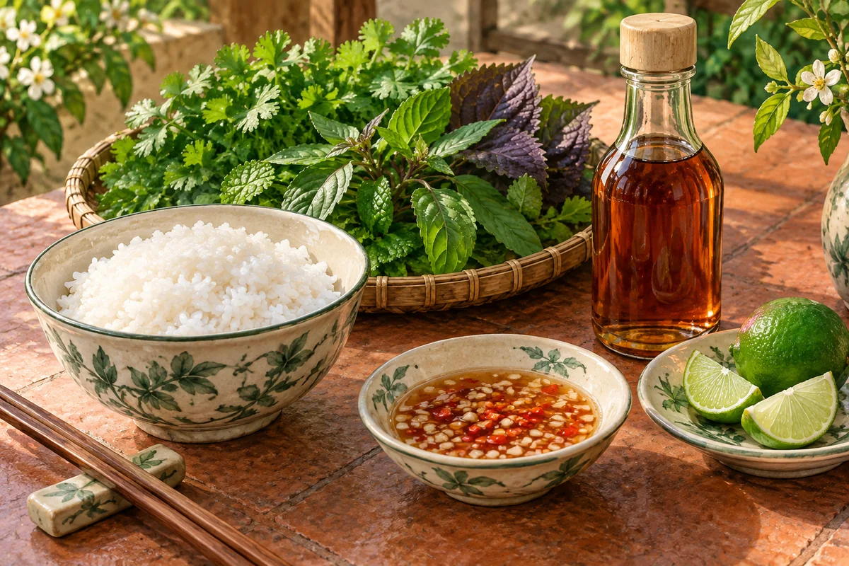 Steamed rice, fresh herbs, an unlabelled amber fish-sauce bottle, dipping sauce and limes on a tabletop