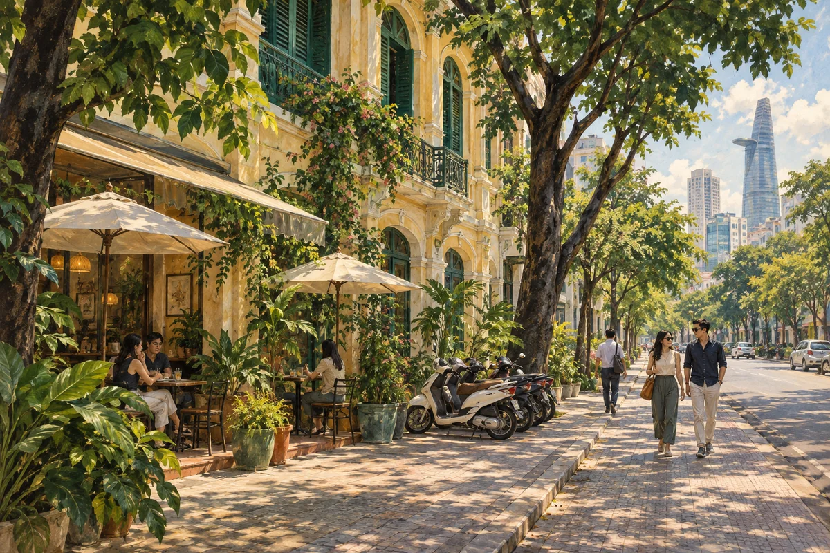 A leafy contemporary Ho Chi Minh City street with an older civic facade and distant modern skyline