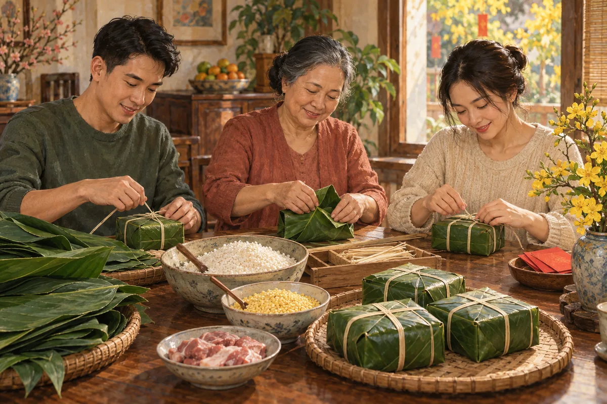 A family preparing square rice cakes at Tết with flowering branches and red envelopes nearby