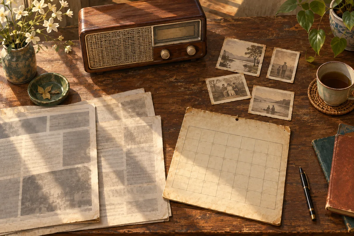 A flat lay of an old radio, unlettered newspaper-like sheets, indistinct family photographs and a blank calendar grid