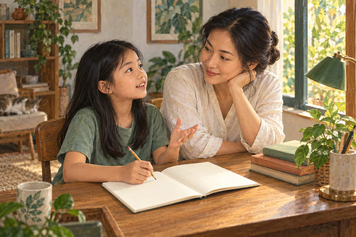 A parent and child talking beside a blank notebook at a sunny writing desk