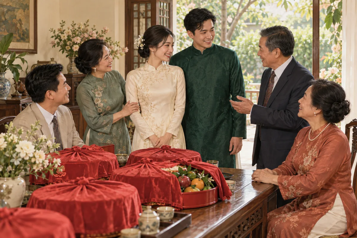 Adult newlyweds in áo dài over trousers stand with relatives beside red-covered gift trays at a family wedding ceremony
